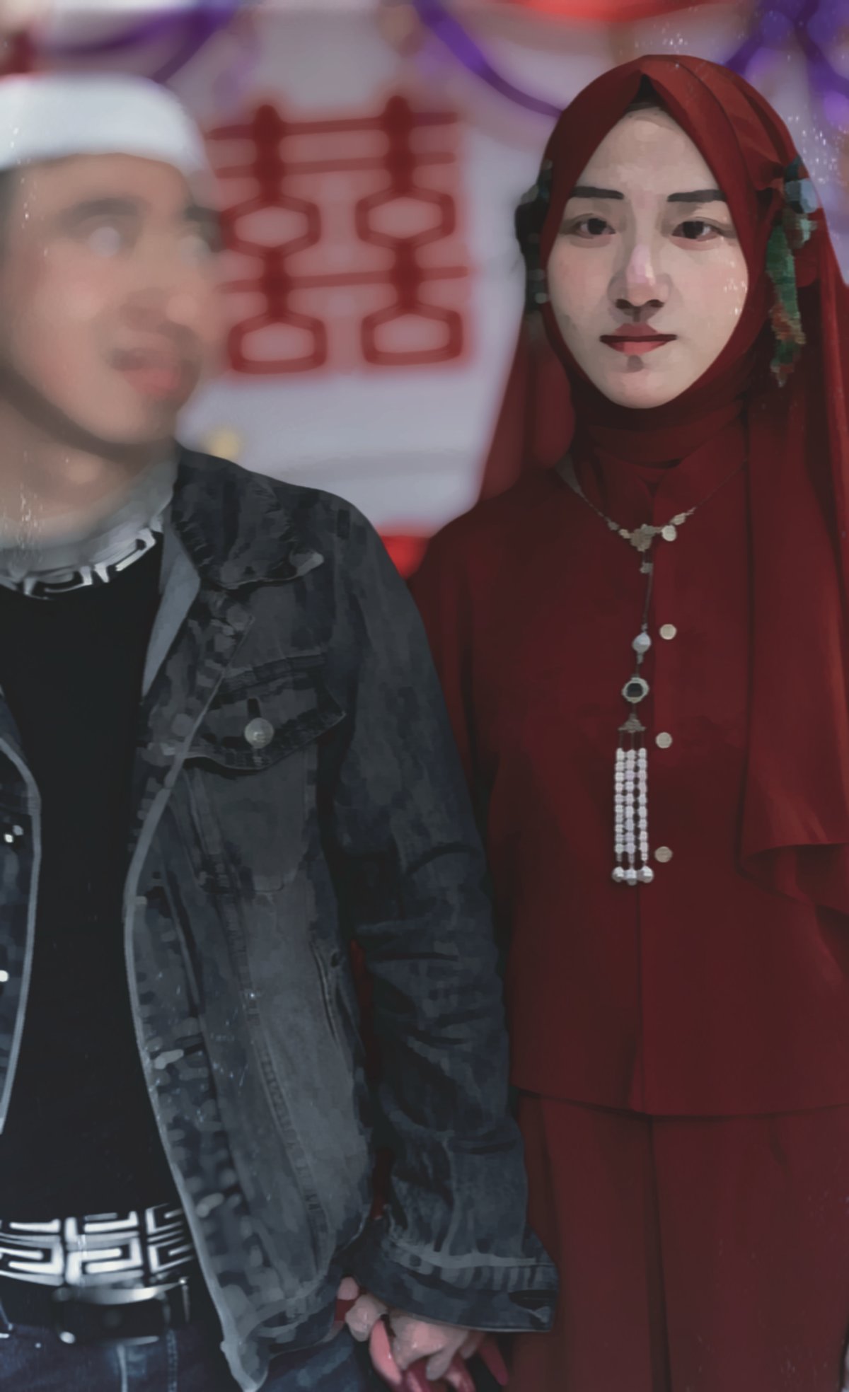 Red hijab, wedding ceremony, double happiness character