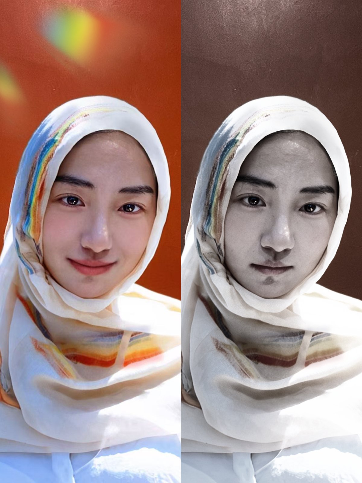 Rainbow hijab diptych — color and black-and-white